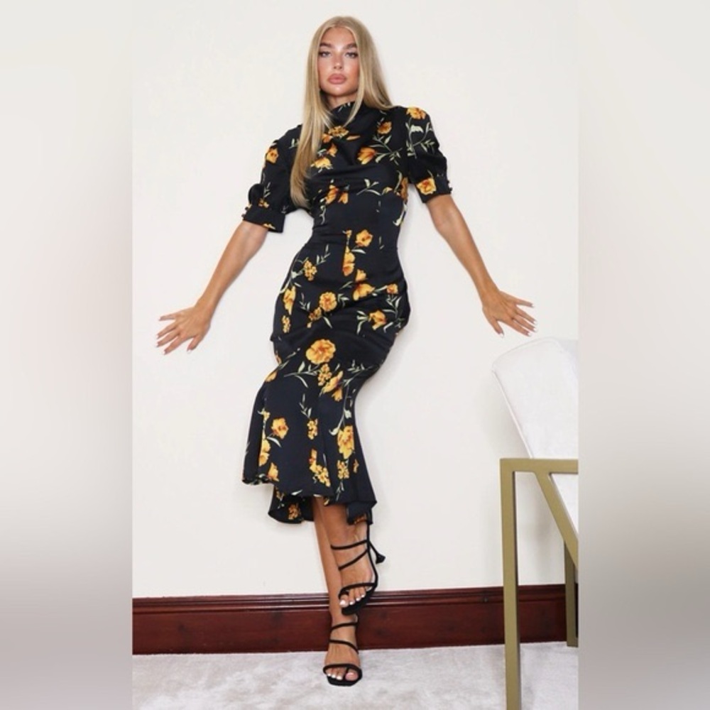 PrettyLittleThing Black and Yellow Floral Dress